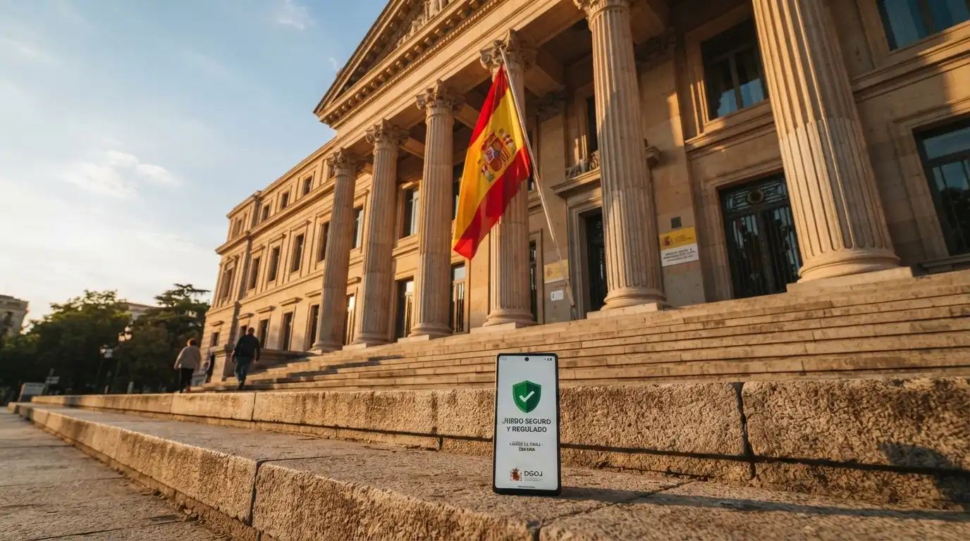 Fachada del Tribunal Supremo con la bandera de España y un móvil mostrando el sello de la DGOJ