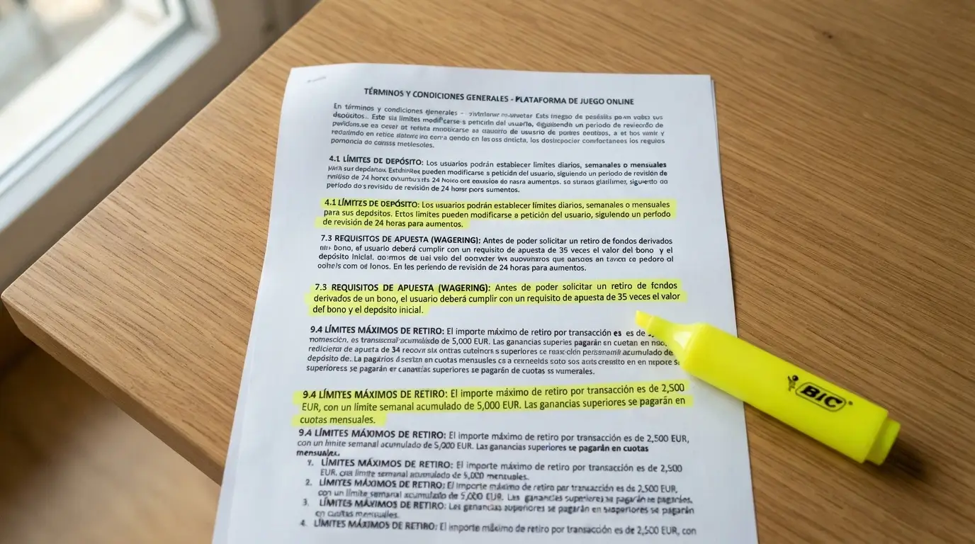 Documento de términos y condiciones de una promoción de casino con secciones subrayadas sobre límites de retirada