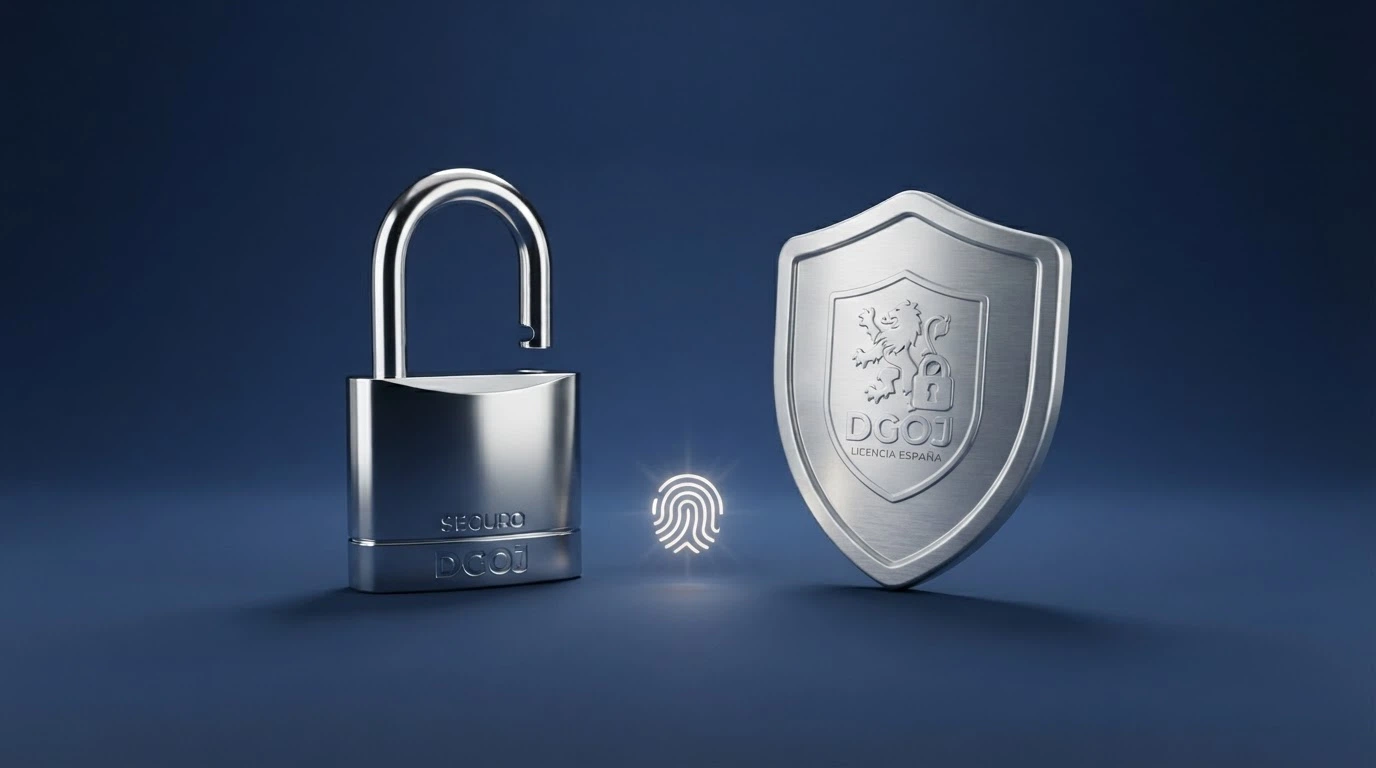 La pantalla de ordenacionjuego.es con el registro de licencias de un operador, junto al símbolo de Face ID de Apple Pay y el icono del candado de seguridad.