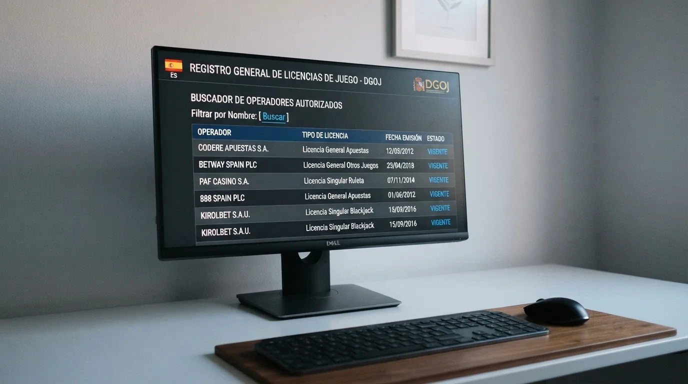 Una captura parcial del registro público de la DGOJ en ordenacionjuego.es con el listado de operadores autorizados, visible en una pantalla de ordenador