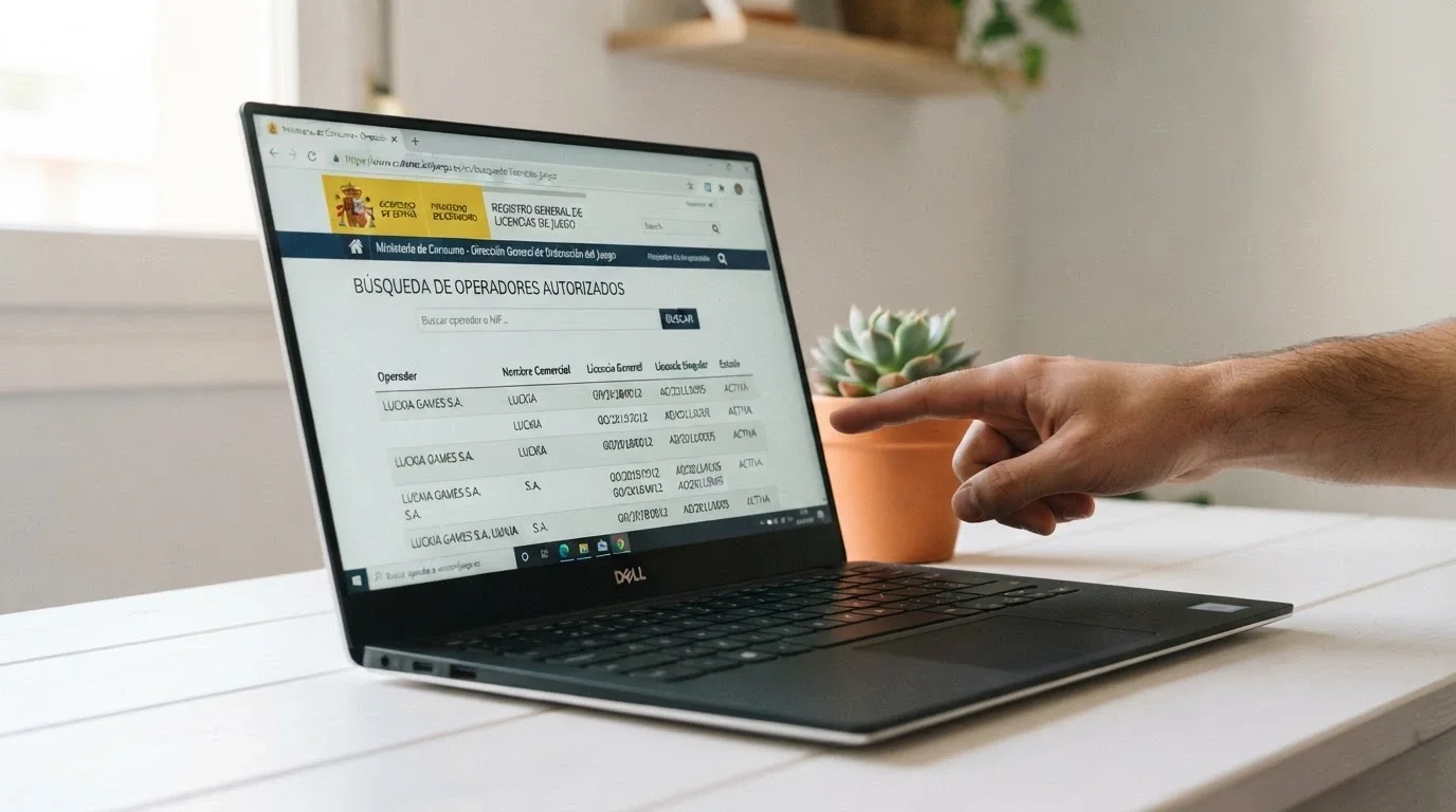Pantalla del buscador público de operadores de la DGOJ en ordenacionjuego.es con el resultado de una consulta y el dominio .es resaltado en la barra de direcciones