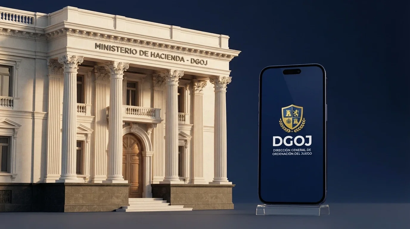 Fachada de la sede de la DGOJ o pantalla del registro oficial de operadores en ordenacionjuego.es, con un teléfono mostrando la app CaixaBank Pay al lado