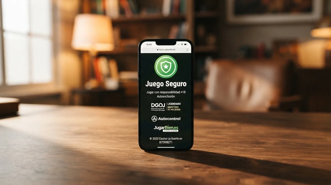 Pantalla de móvil mostrando el pie de página de un casino online español donde se ven el logo de la DGOJ, el sello de juego seguro y el dominio .es