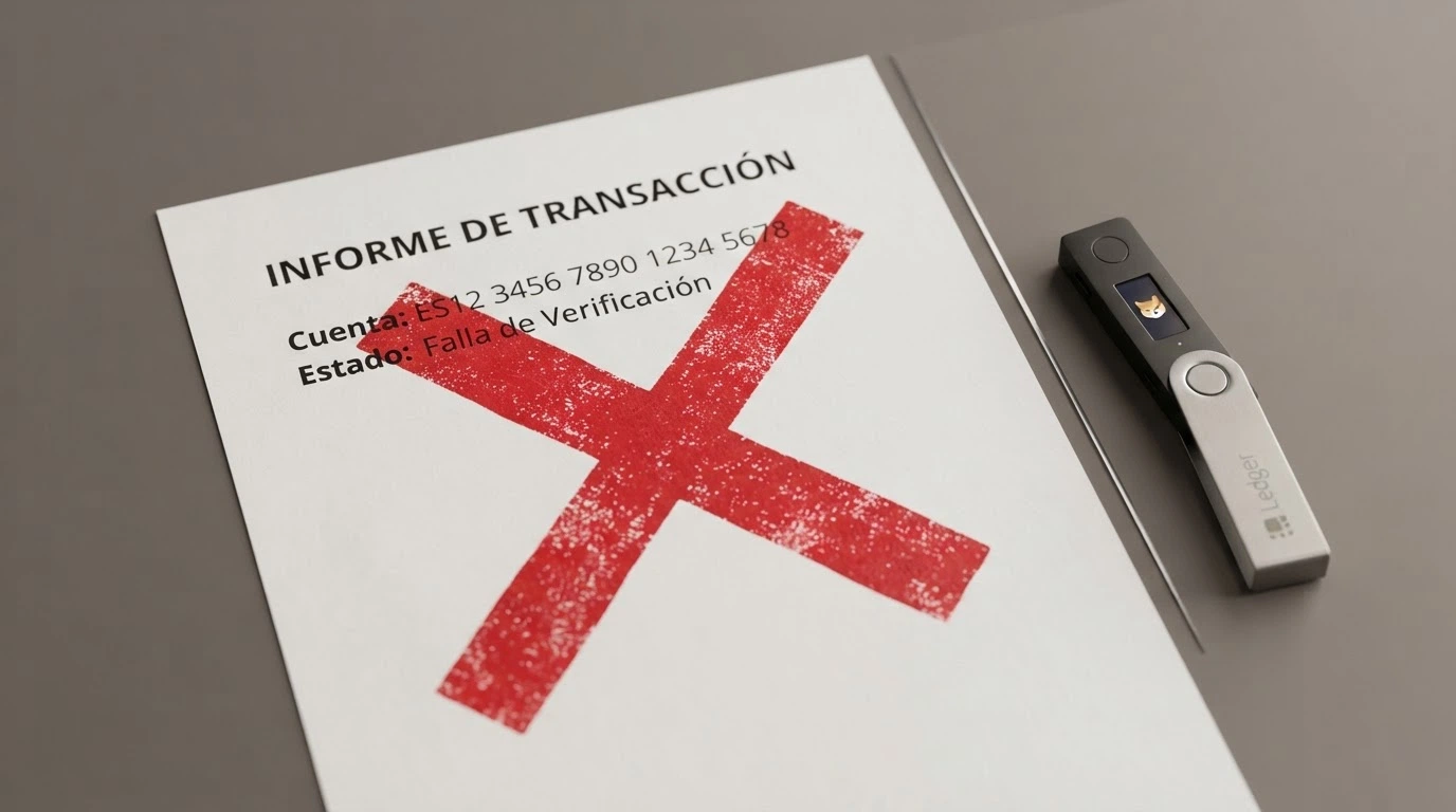 un documento oficial con el sello de la DGOJ y el dominio .es tachado, junto a un monedero Dogecoin sin la marca de verificación
