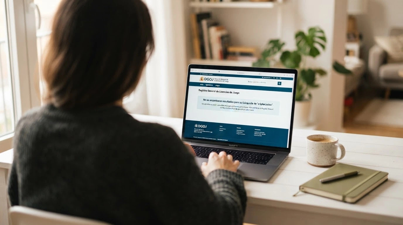 Captura del portal oficial de la DGOJ con el listado de operadores con título habilitante y un recuadro destacado que indica que ningún criptocasino figura en él