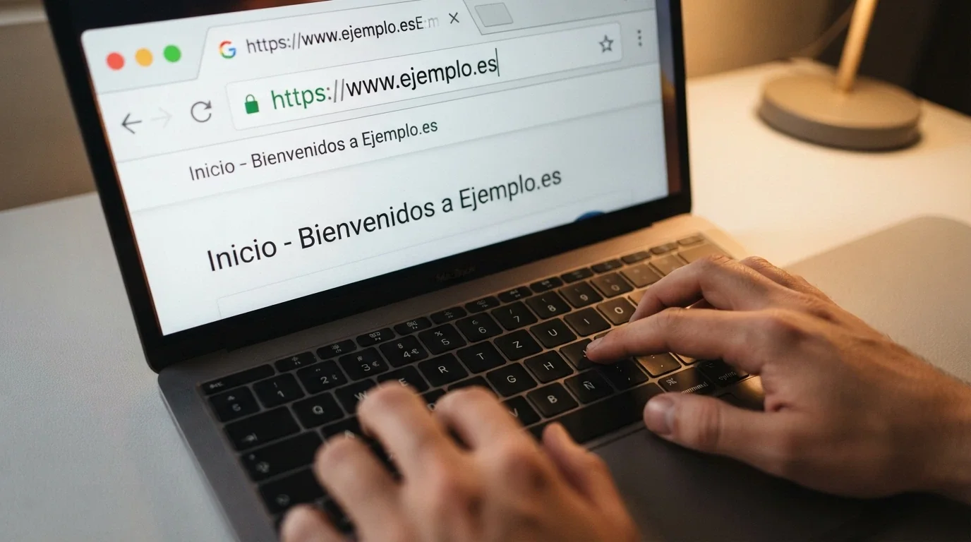 Primer plano de un teclado donde se teclea «.es» en la barra del navegador, con el candado de seguridad visible