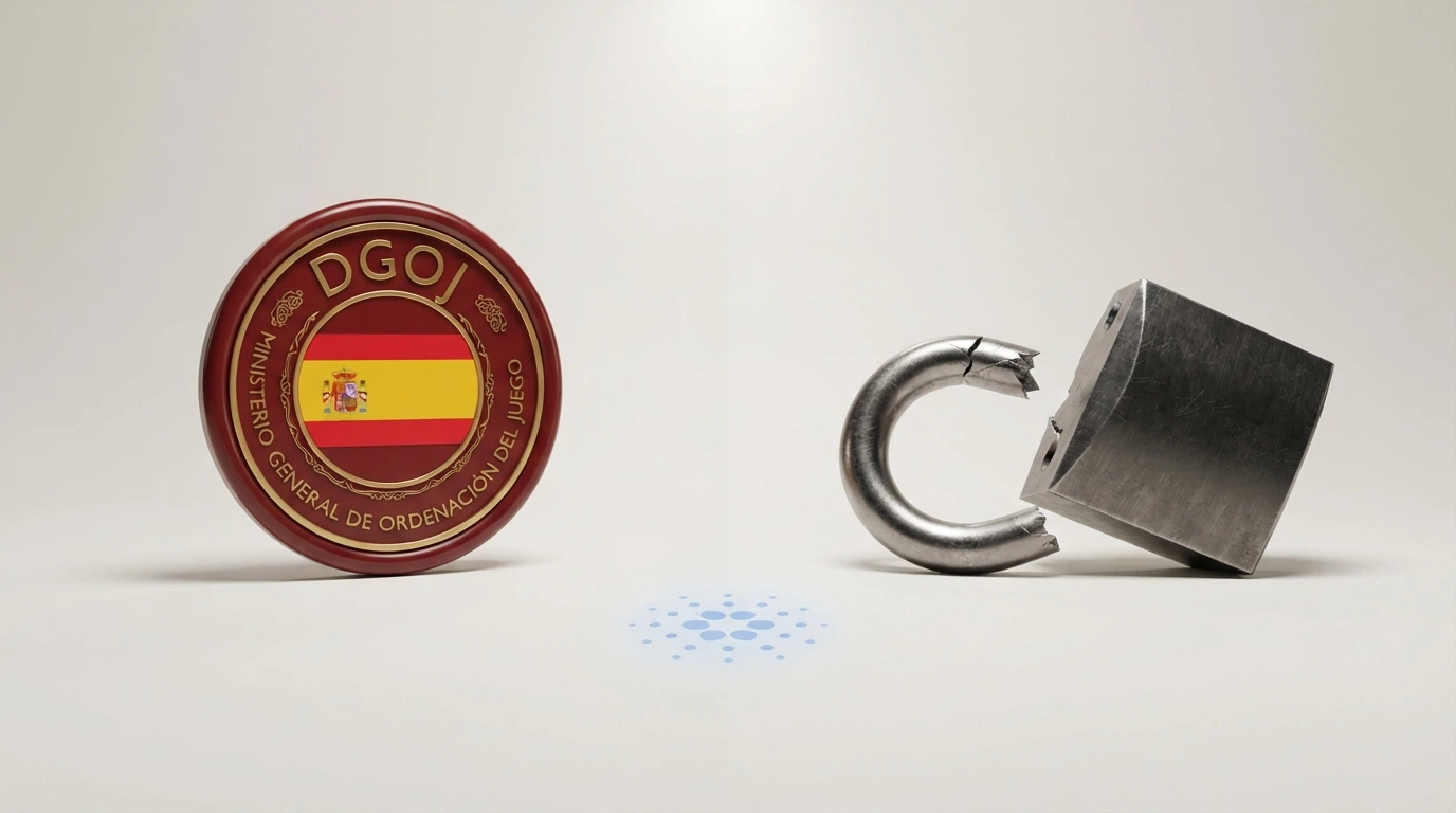 Un sello oficial con la bandera de España y las siglas DGOJ en un lado, y un candado roto en el otro sobre el logotipo de Cardano