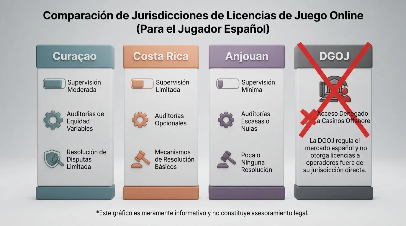 Mapa conceptual con cuatro columnas: Curaçao, Costa Rica, Anjouan y DGOJ (esta última tachada en rojo), mostrando qué ofrece cada jurisdicción en supervisión, auditoría de equidad y resolución de disputas