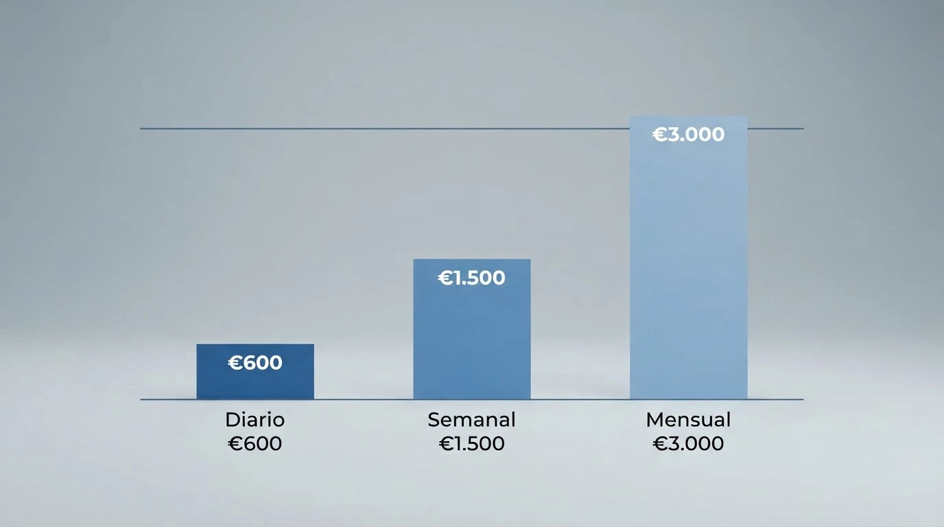 Un termómetro de límites con las cifras 600 €, 1.500 € y 3.000 € junto al logo de la DGOJ