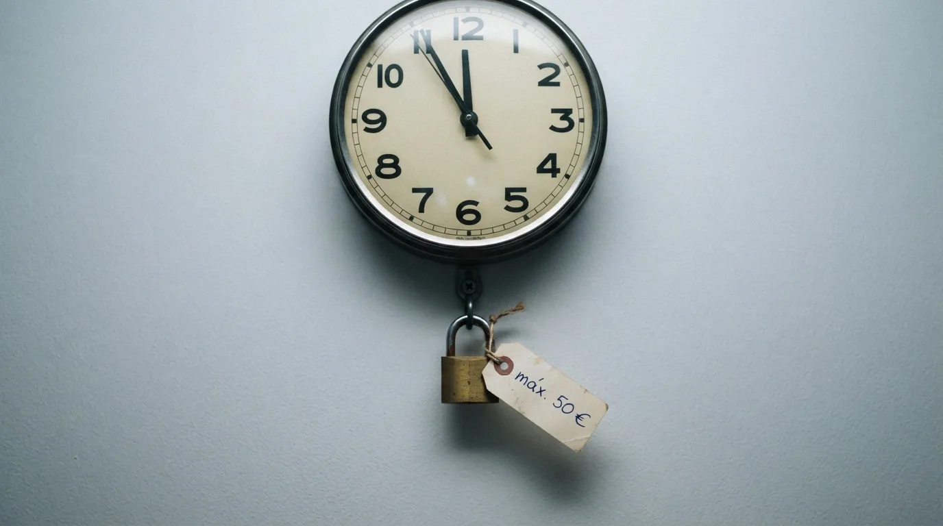Un reloj con las horas contando hacia atrás junto a un candado con la etiqueta «máx. 50 €»