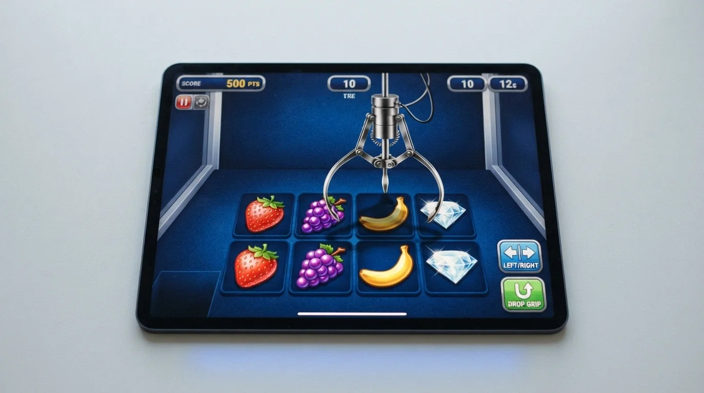 Mano robótica de una máquina de garra digital sobrevolando premios virtuales en un entorno de casino online