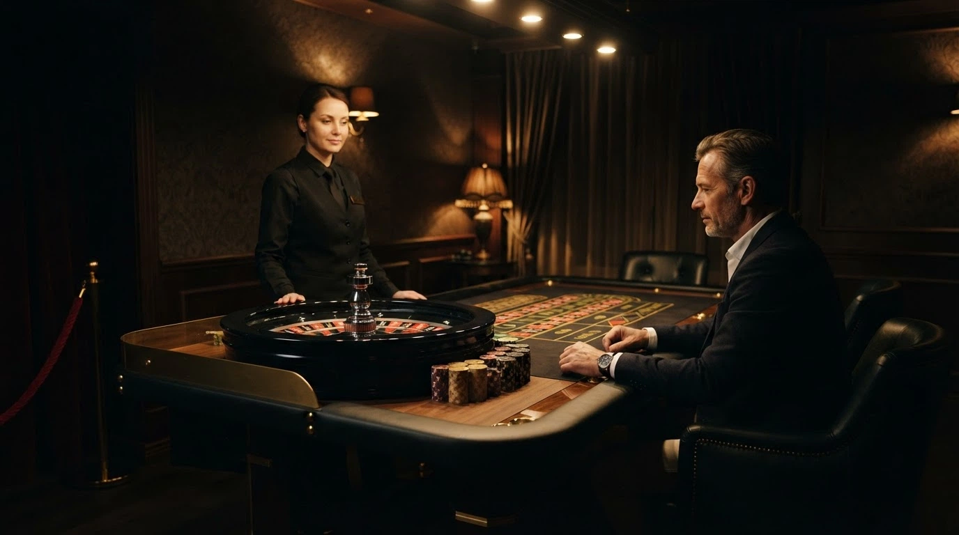 Mesa de ruleta privada con un solo jugador y crupier dedicado, en un entorno de iluminación tenue y silla de piel