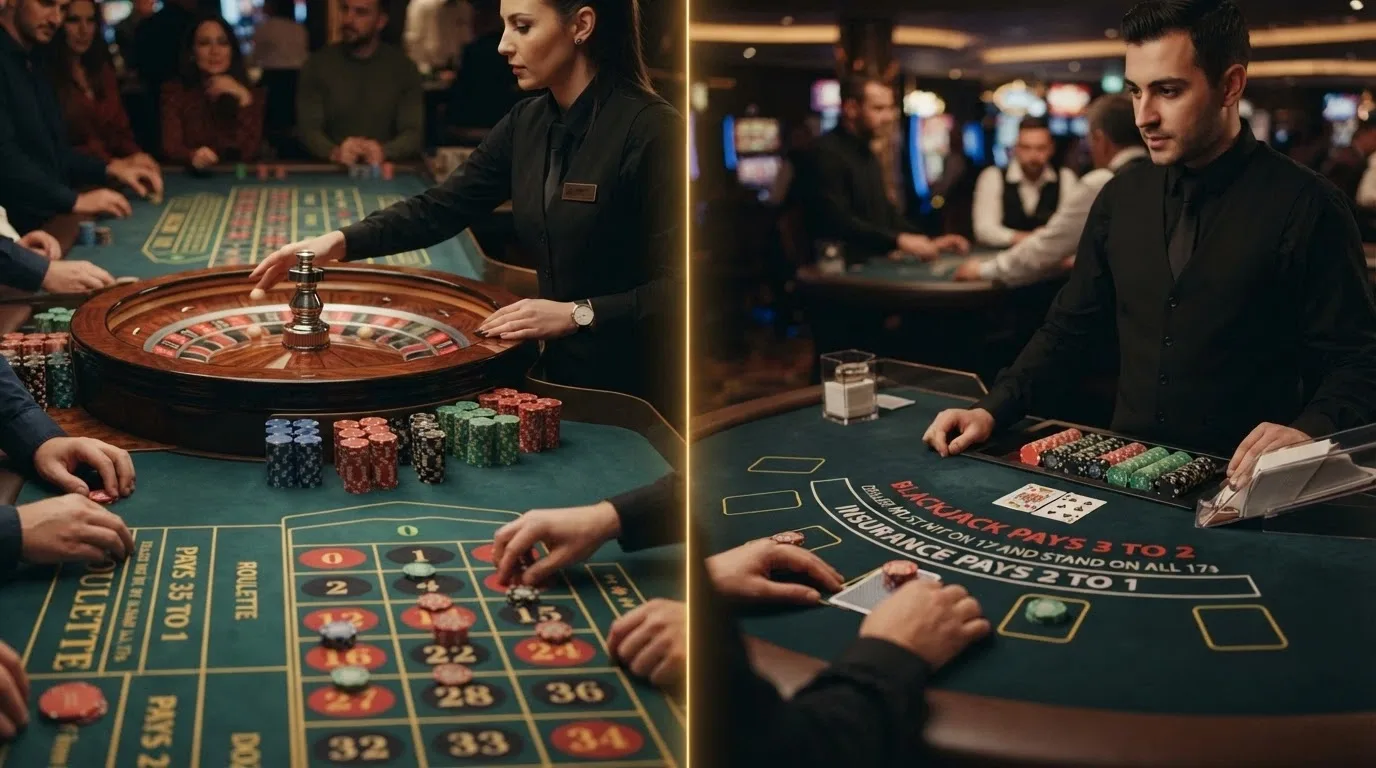 Pantalla partida: a la izquierda una ruleta en vivo con crupier, a la derecha una mesa de blackjack con cartas visibles y tres jugadores