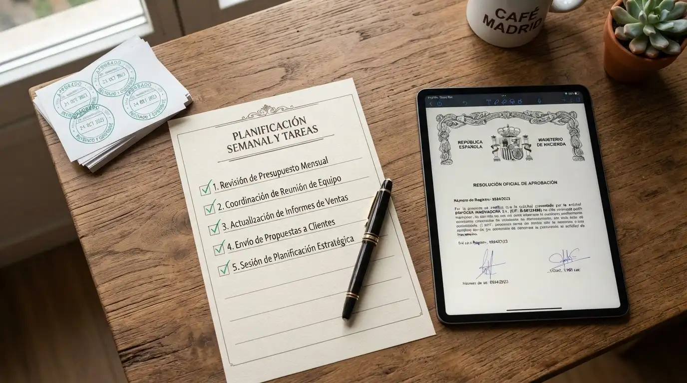 Una mesa de trabajo con una lista de verificación, el logo de la DGOJ visible en una tableta y varios documentos con tick verdes de aprobación