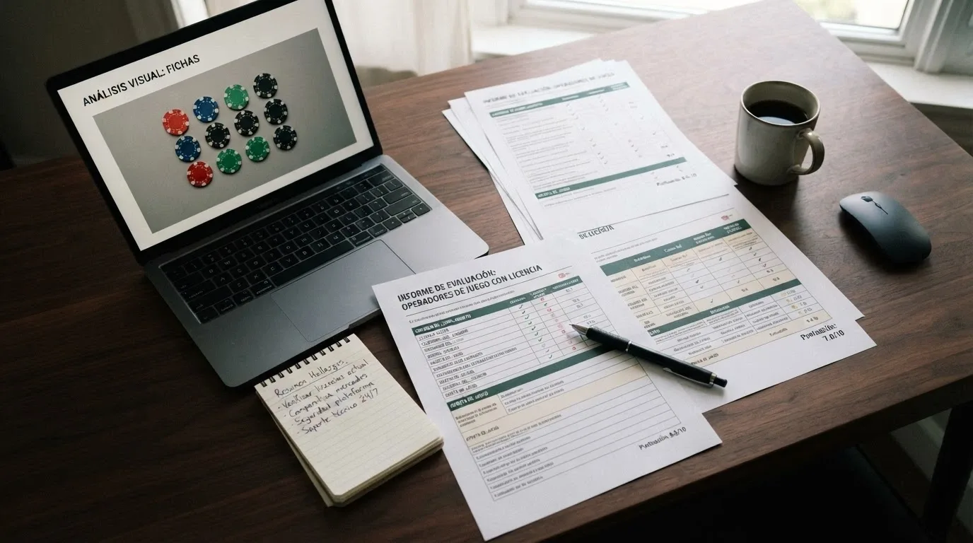 Documentos de análisis y checklist de criterios sobre una mesa junto a una pantalla con fichas de casino online