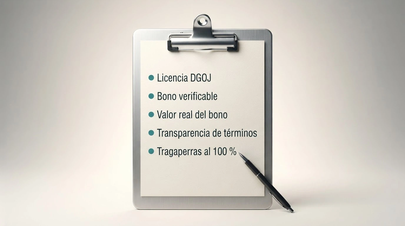 Lista de verificación con los criterios de evaluación: licencia, bono, rollover, plazo y transparencia