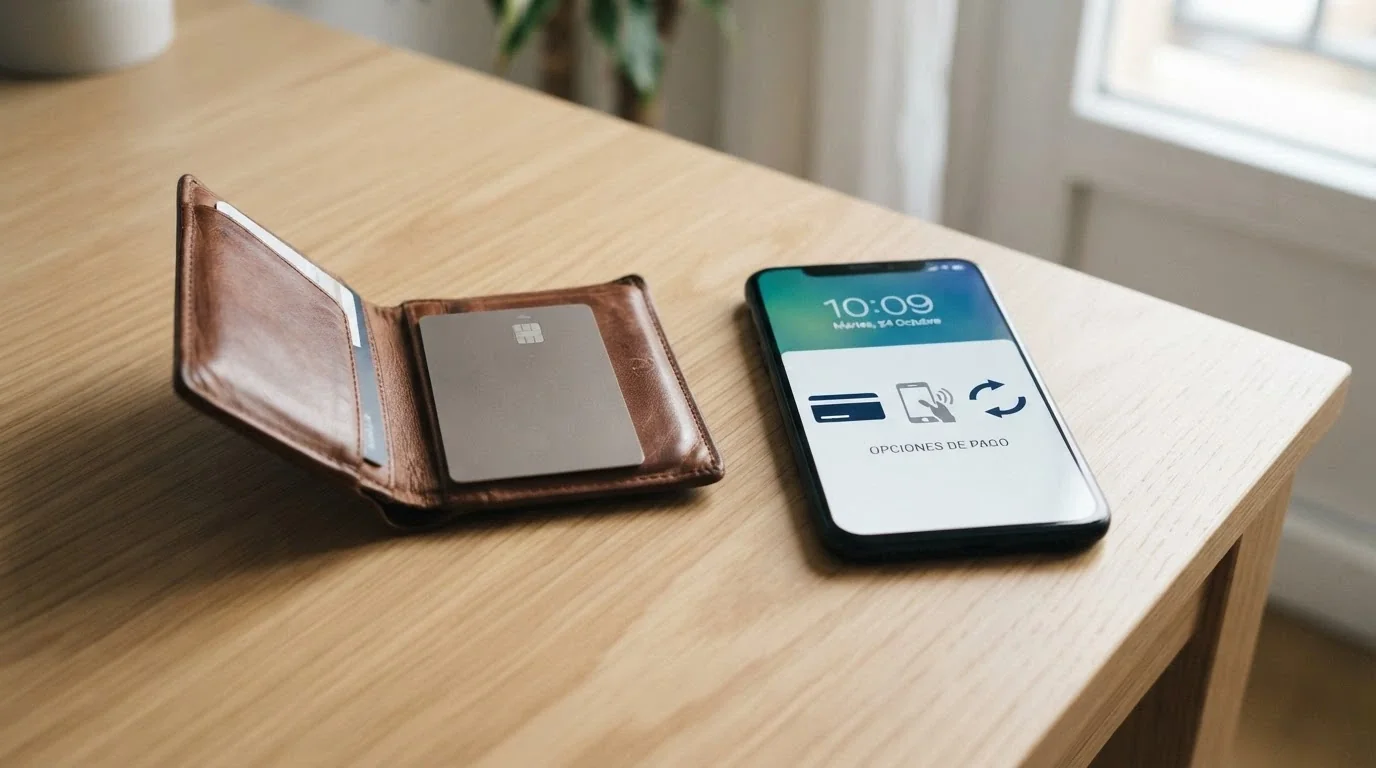 Una cartera junto a un teléfono móvil que muestra los iconos de Bizum, tarjeta bancaria y transferencia como opciones de retirada en un casino online español