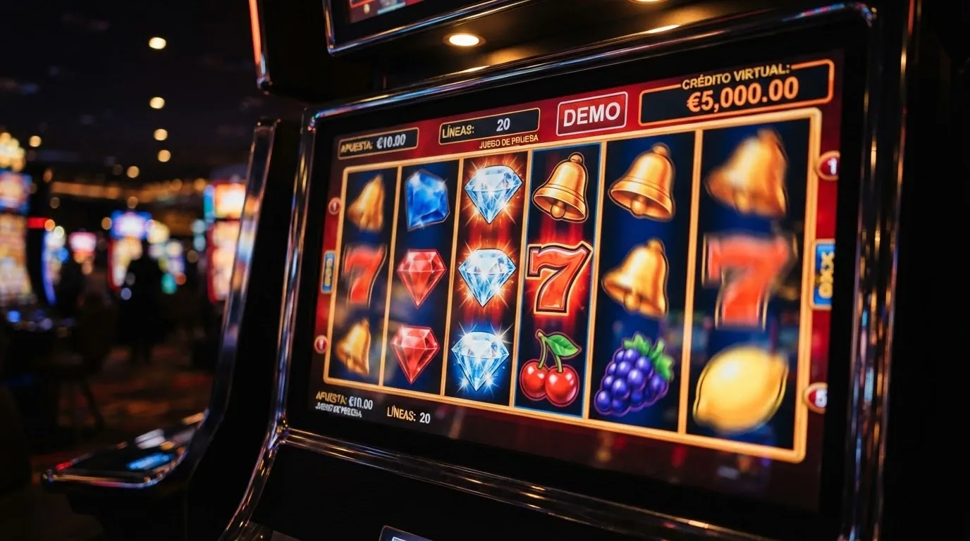 Pantalla de un slot en modo demo con saldo ficticio y el indicador de «dinero virtual» visible