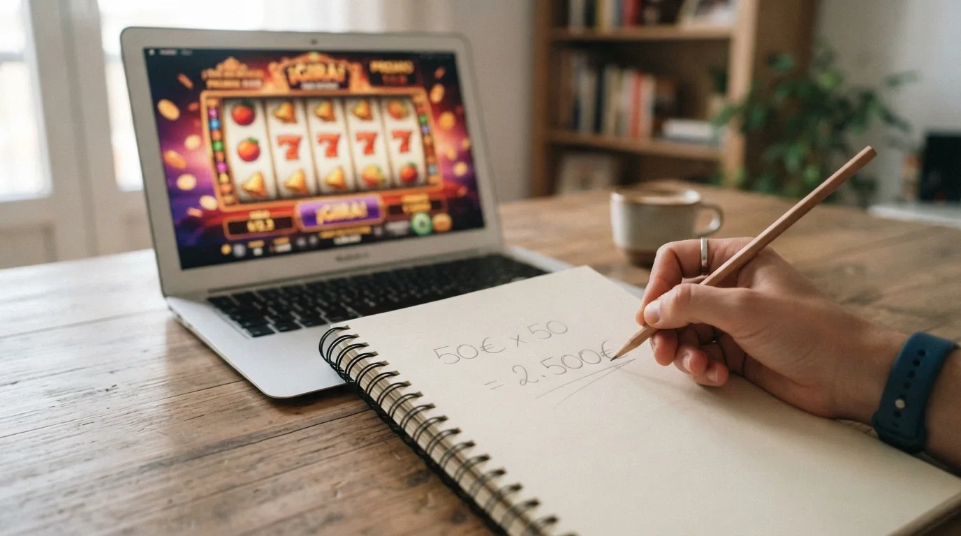 Una calculadora junto a un papel con el cálculo 50 € × 50 = 2.500 € y el símbolo de un slot al fondo