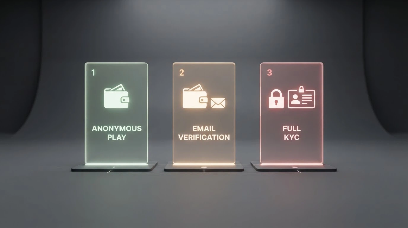 Diagrama con tres columnas que representan los niveles de anonimato: sin cuenta ni email, solo email o usuario, y KYC condicional con un candado junto al icono de un documento de identidad