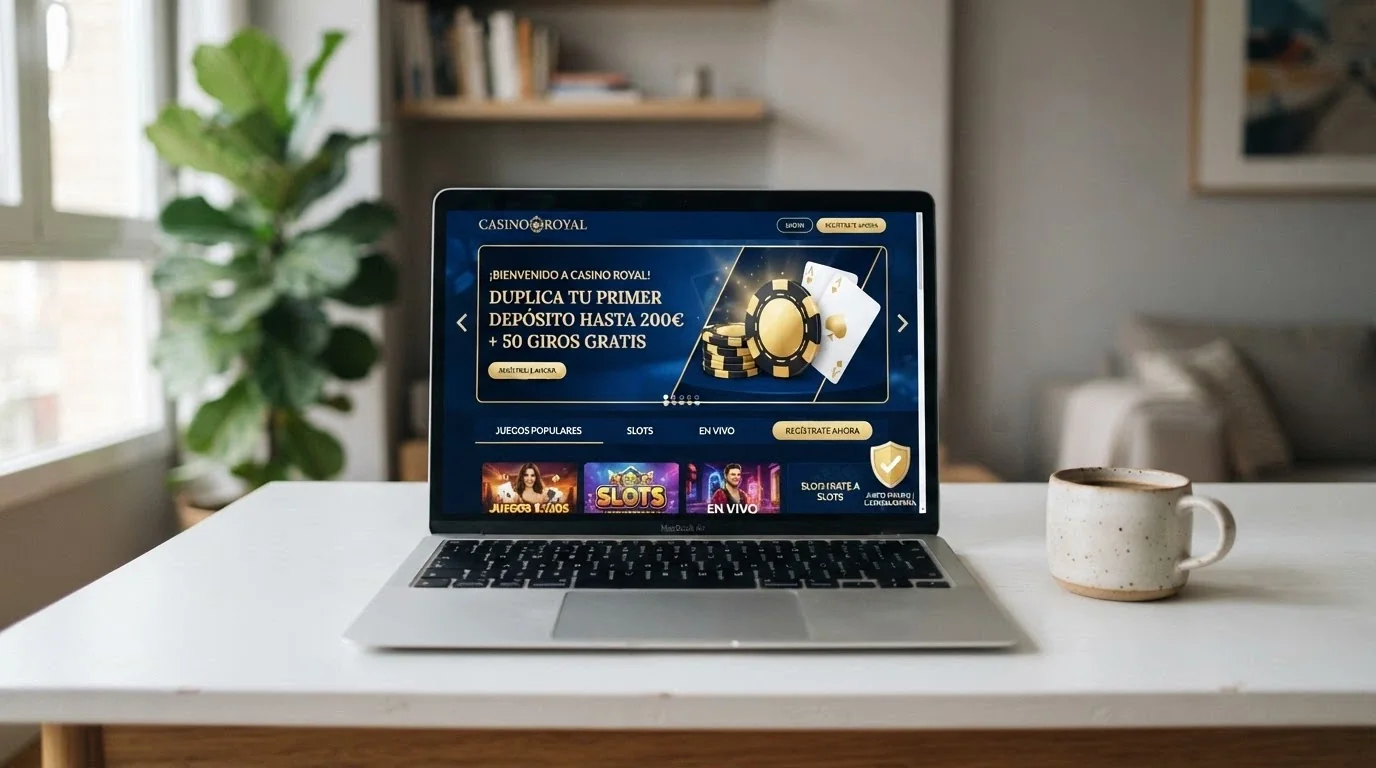 Interfaz moderna de un casino online con diseño renovado, oferta de bienvenida en banner principal y el sello de licencia DGOJ visible en el pie
