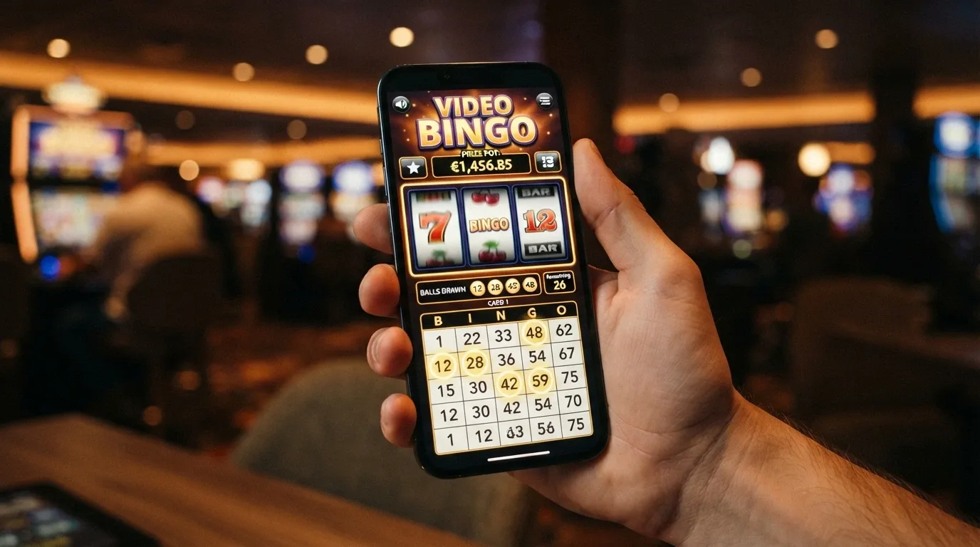 La pantalla de un juego de video bingo con estética de slot: carretes de números en el centro, una cuadrícula de cartón estilo bingo en la parte inferior y un contador de bote en la esquina