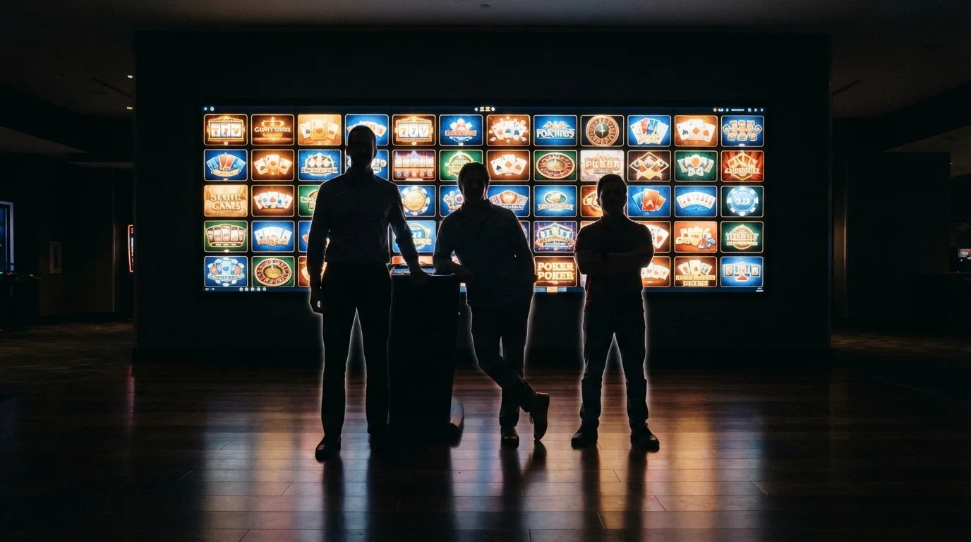 Tres siluetas de jugadores con distintos estilos frente a una pantalla de selección de casino