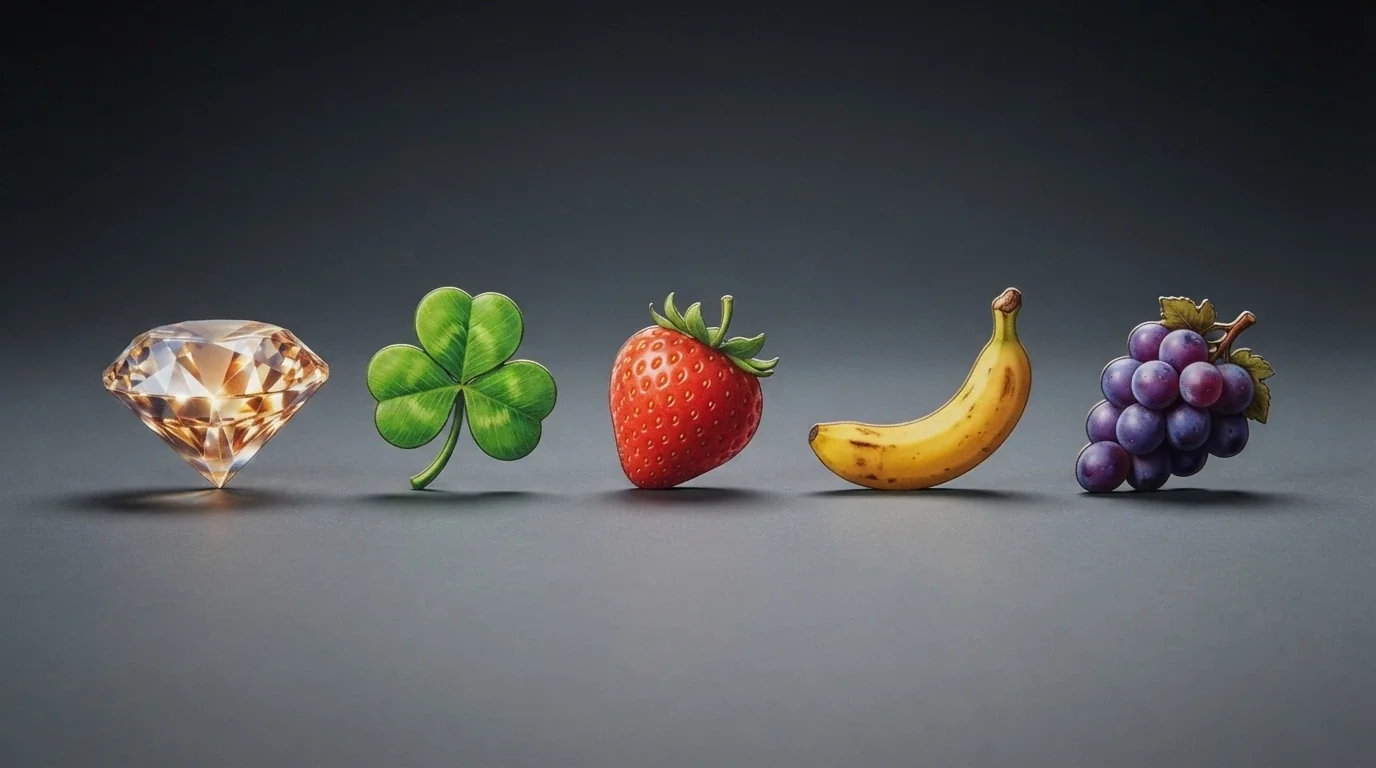 Rueda de símbolos del Bonus Crab con sus premios: diamante, trébol, fresa, banana y uvas en una interfaz de casino