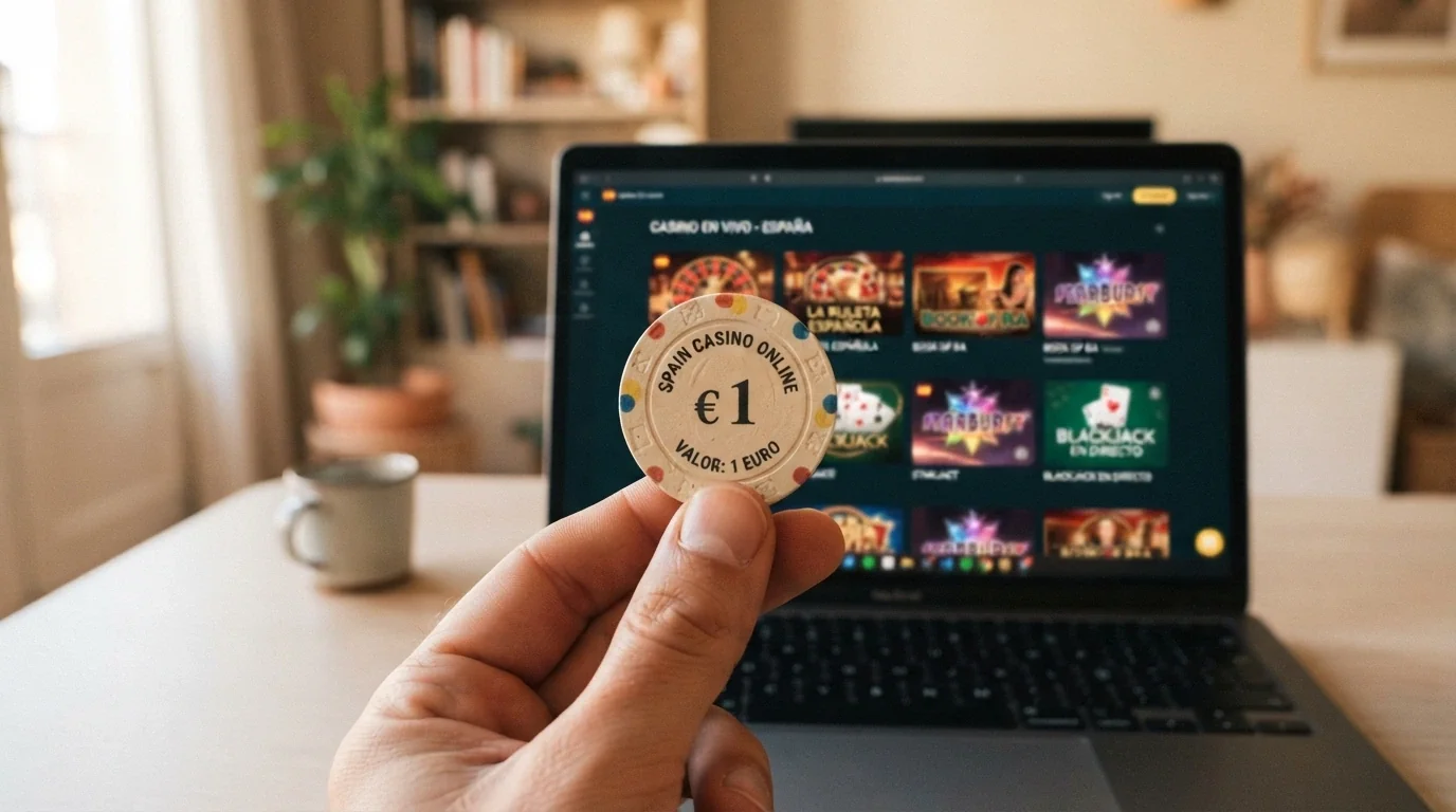 Un primer plano de una mano que sostiene una moneda de 1 euro delante de la pantalla de un portátil que muestra el vestíbulo de un casino online