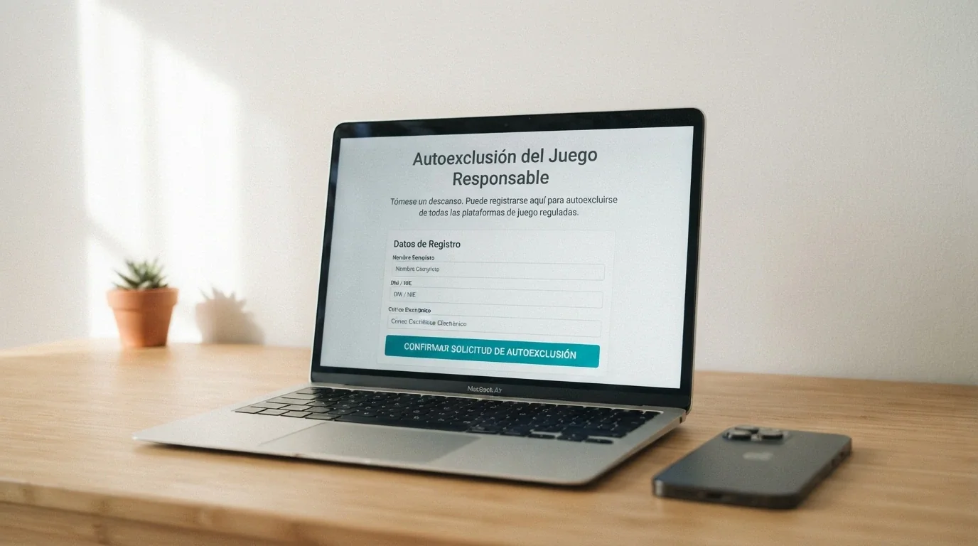 Pantalla de ordenador mostrando el acceso al RGIAJ en la web de la DGOJ junto al texto de solicitud de autoexclusión