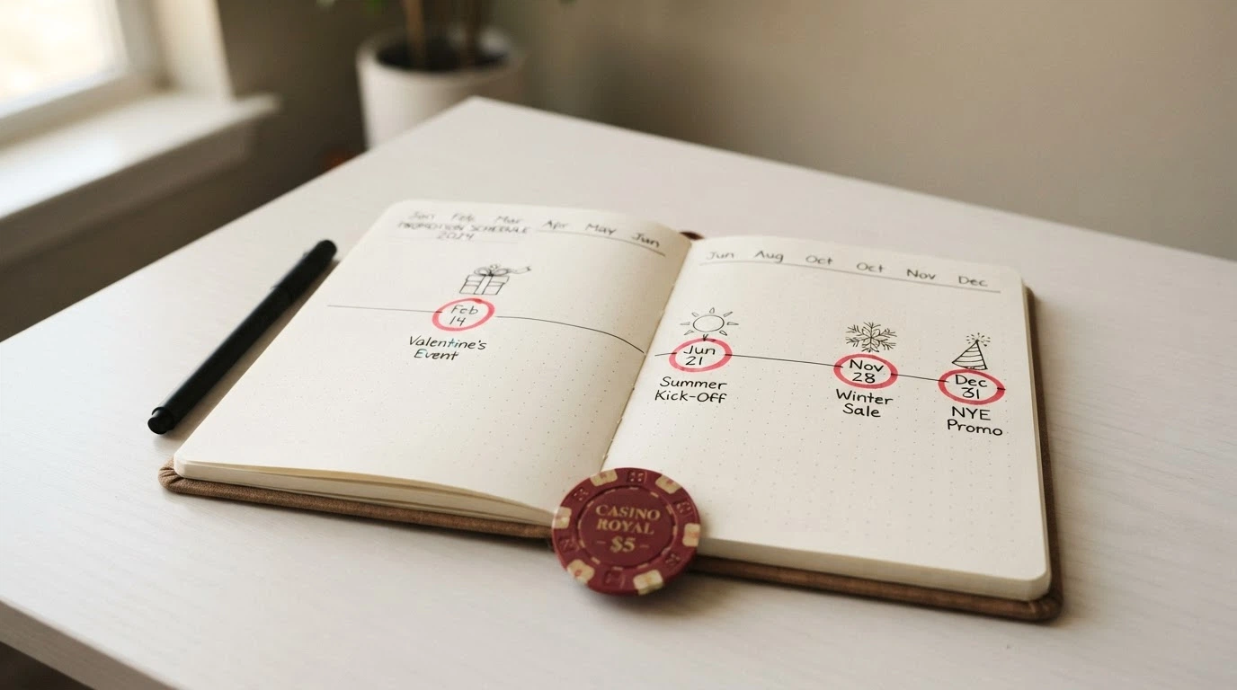 Un calendario con iconos de regalo y fichas de casino marcando distintas fechas del año