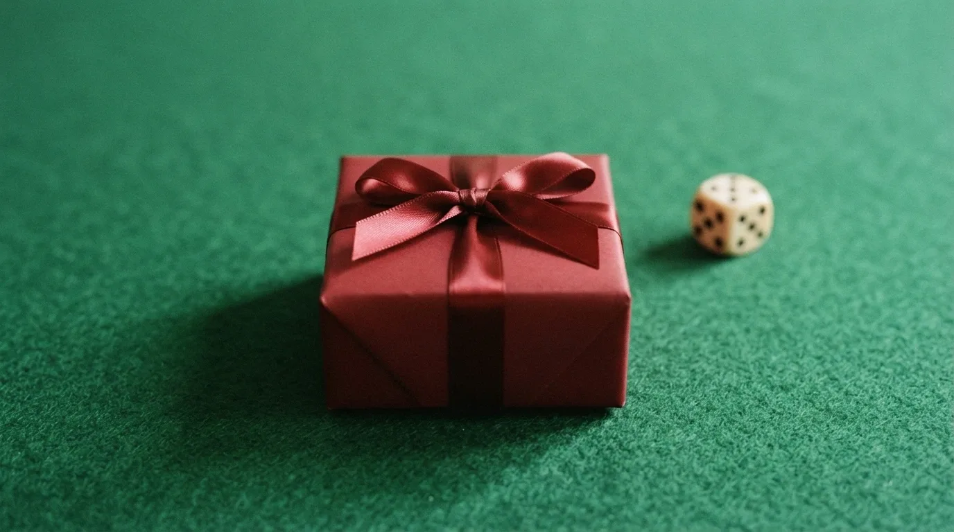 Un regalo envuelto con el logo de un casino y un dado de juego al lado, sobre una mesa de fieltro verde