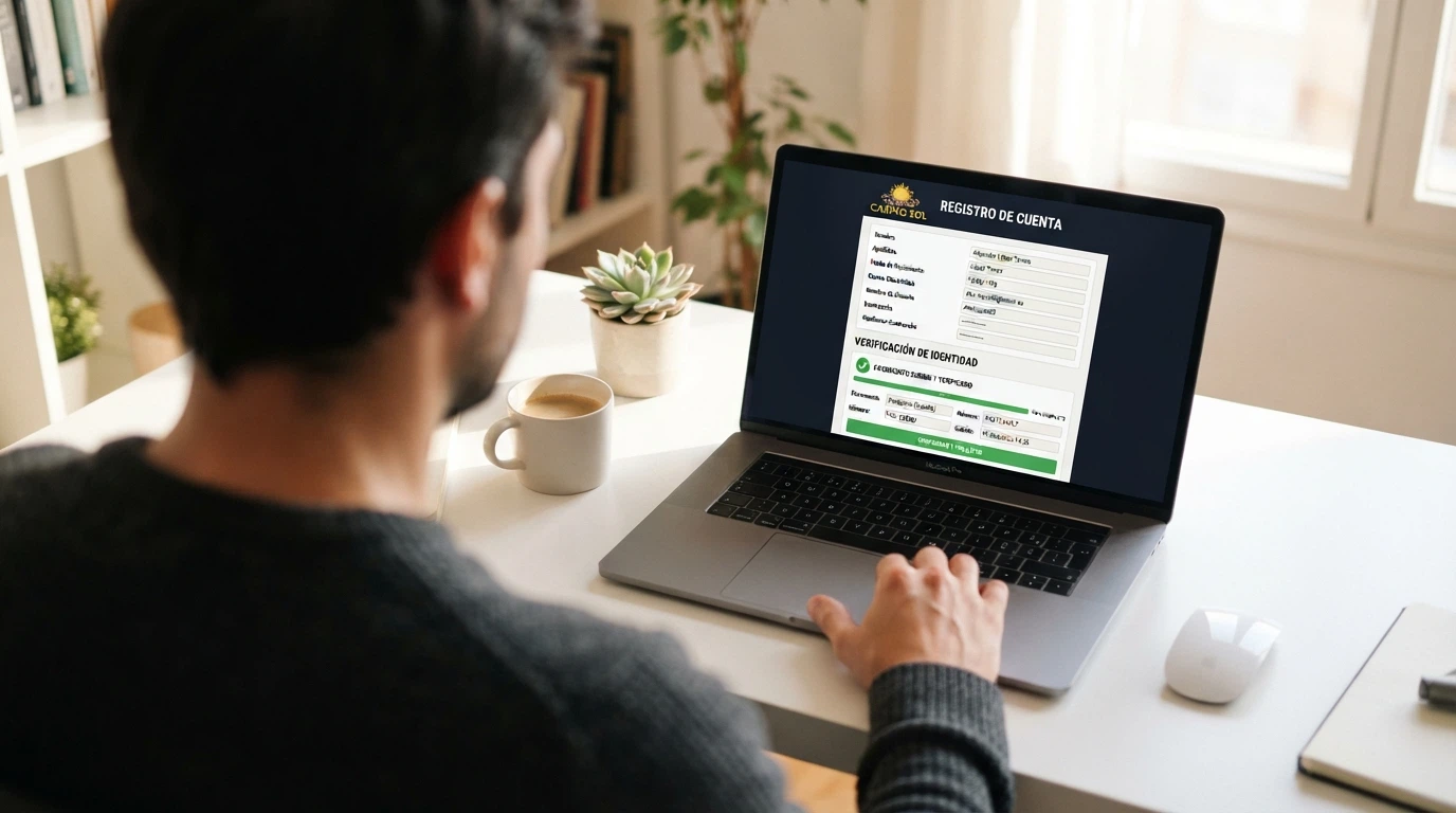 Primer plano de una pantalla de ordenador mostrando un formulario de registro de casino con un documento de identidad junto al teclado y un icono de verificación en verde