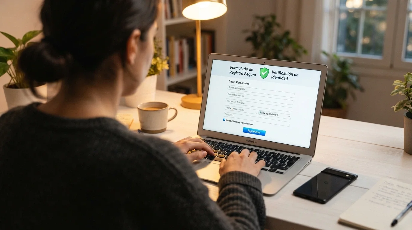 Pantalla de registro en un casino online con el formulario de datos personales y un icono de verificación de identidad
