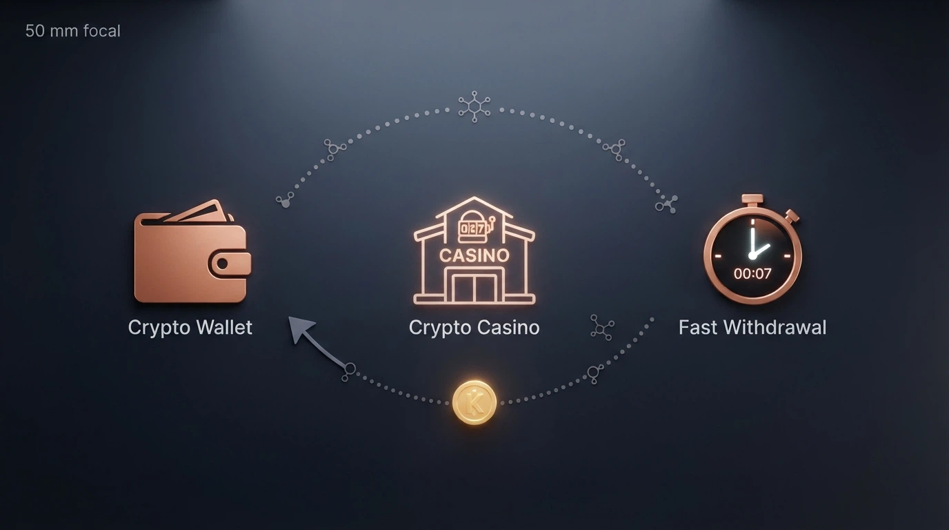 Representación visual del flujo de una transacción de Bitcoin: una wallet enviando BTC a un casino, una flecha de retorno con un cronómetro y el texto «<10 min» sobre el logo de BitStarz
