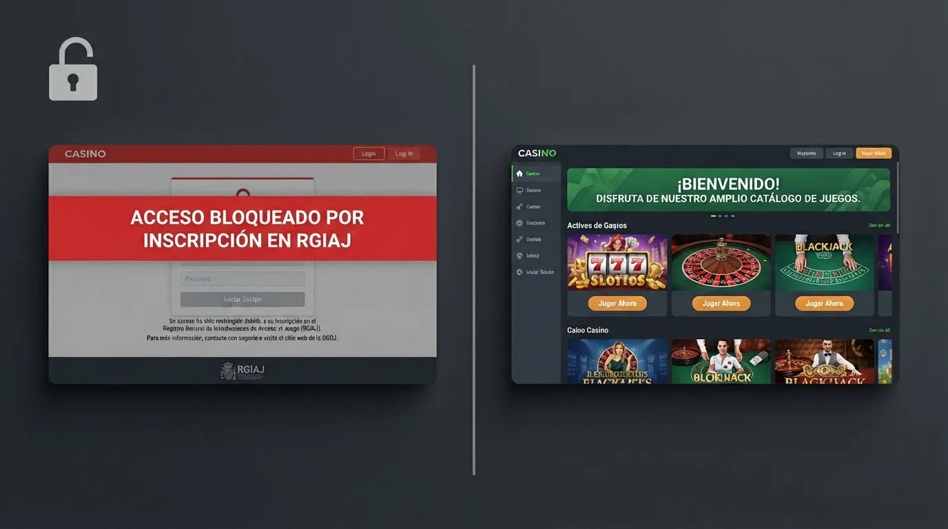 Un candado abierto junto al interfaz de un casino offshore con el logo del RGIAJ tachado en la esquina; al lado, la pantalla de un operador con dominio .es mostrando «acceso bloqueado por inscripción en RGIAJ»