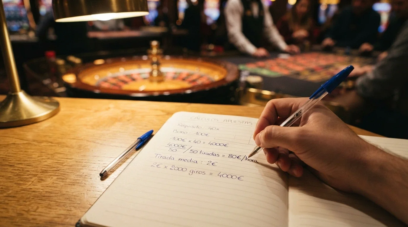 Una calculadora junto a monedas de euro y una ruleta de casino desenfocada al fondo