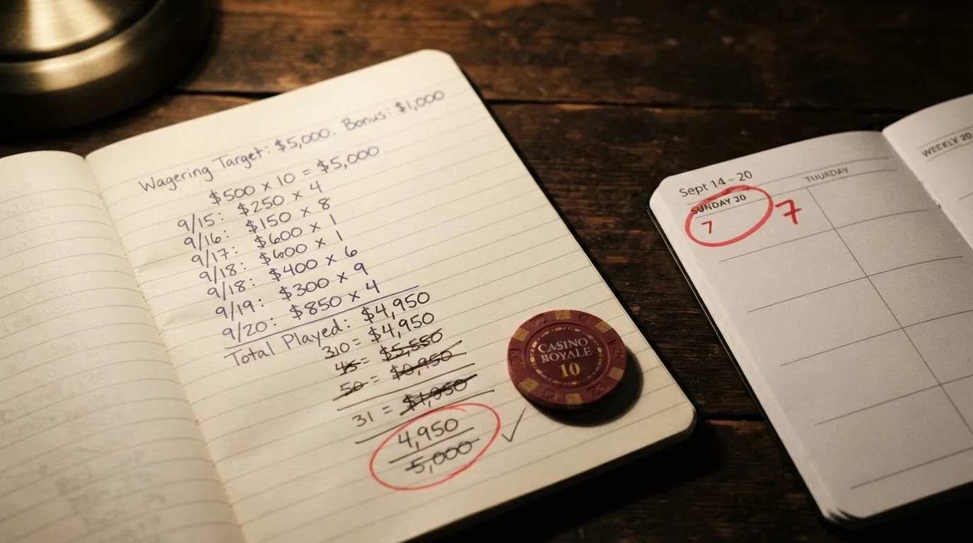 Una calculadora junto a una ficha de casino con el símbolo «×40» y un calendario que marca 7 días