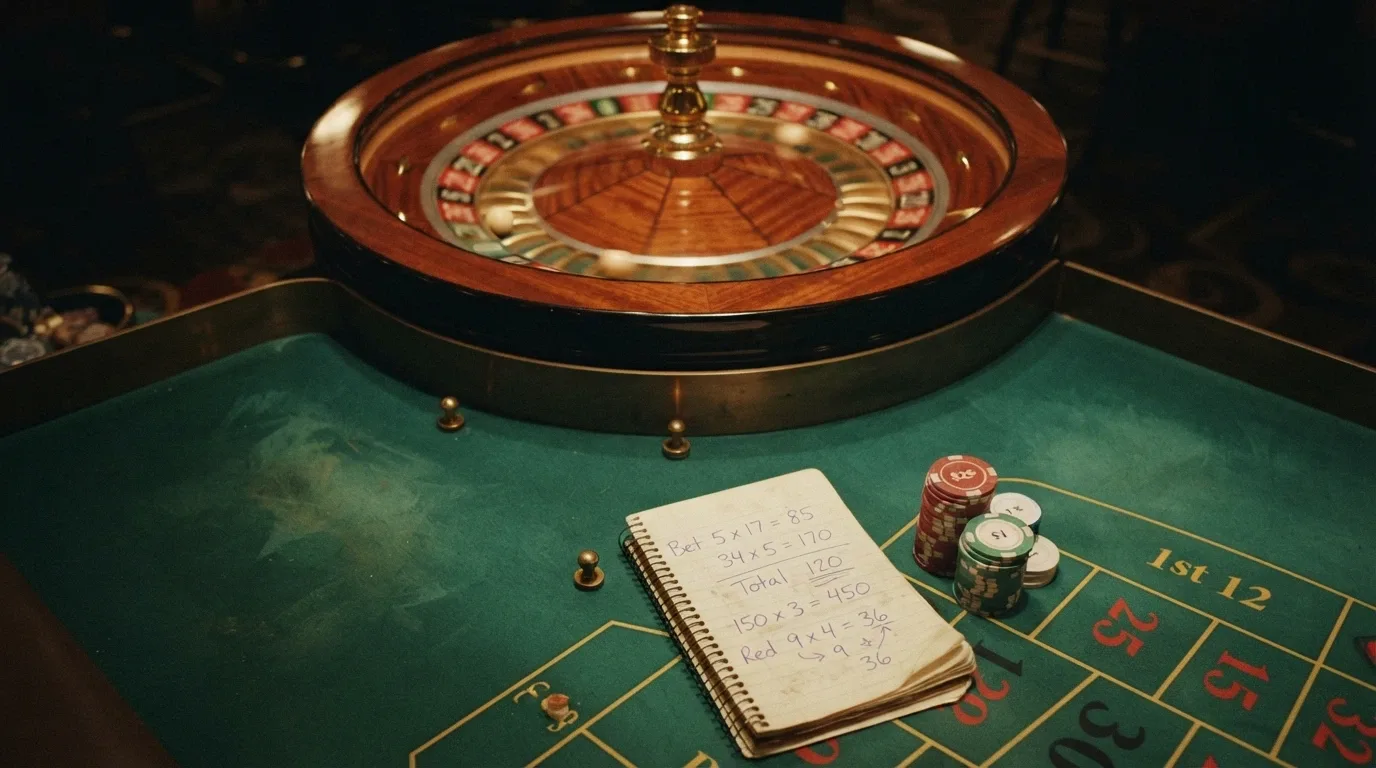 Calculadora de requisito de apuesta sobreimpresa en una mesa de ruleta con fichas