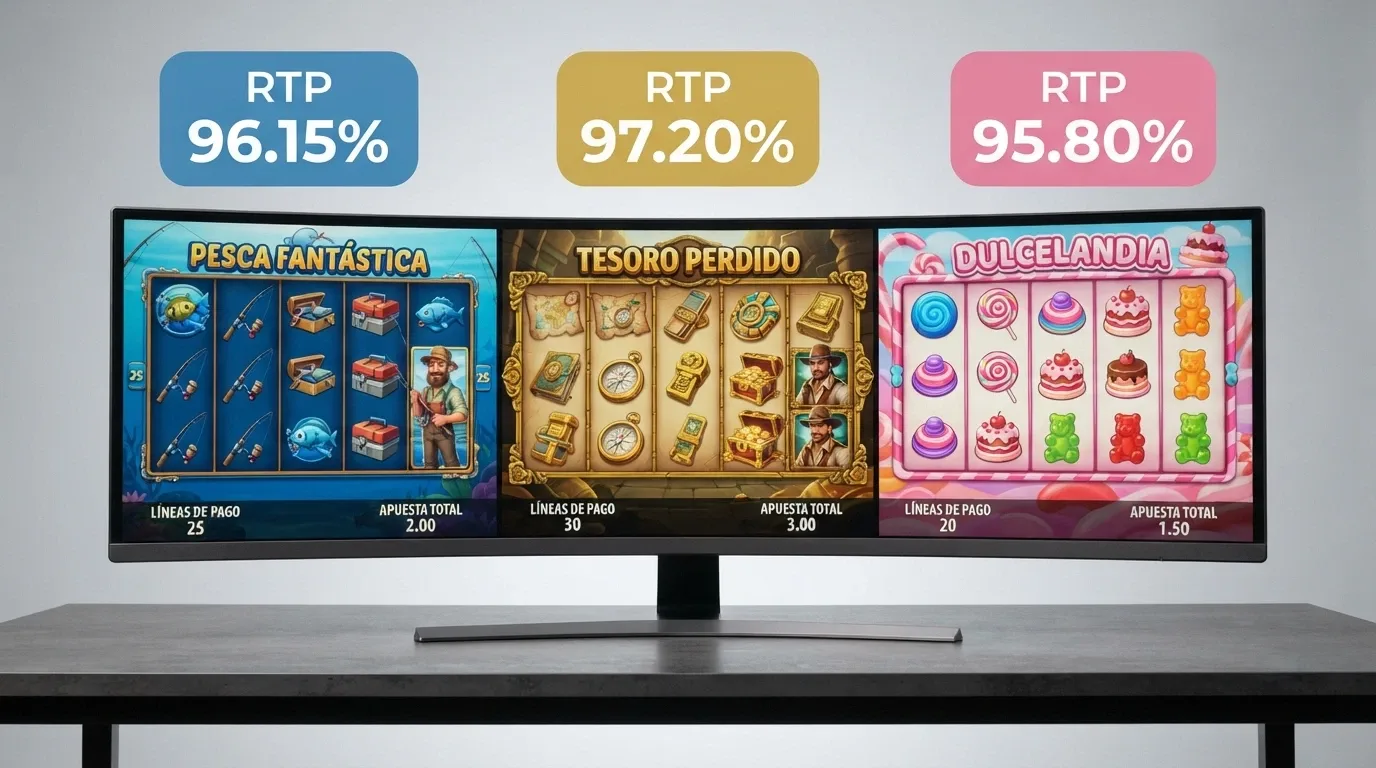 Tres tragaperras distintas en paralelo en una pantalla, con el porcentaje de RTP superpuesto sobre cada una a modo de ficha técnica