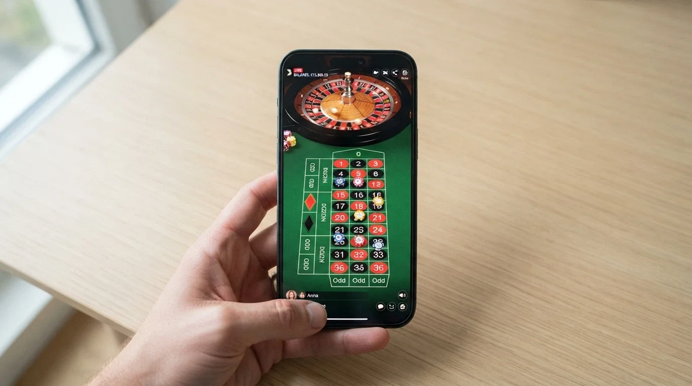 Una mano sujetando un teléfono en vertical con una mesa de ruleta en vivo a pantalla completa y fichas de apuesta visibles