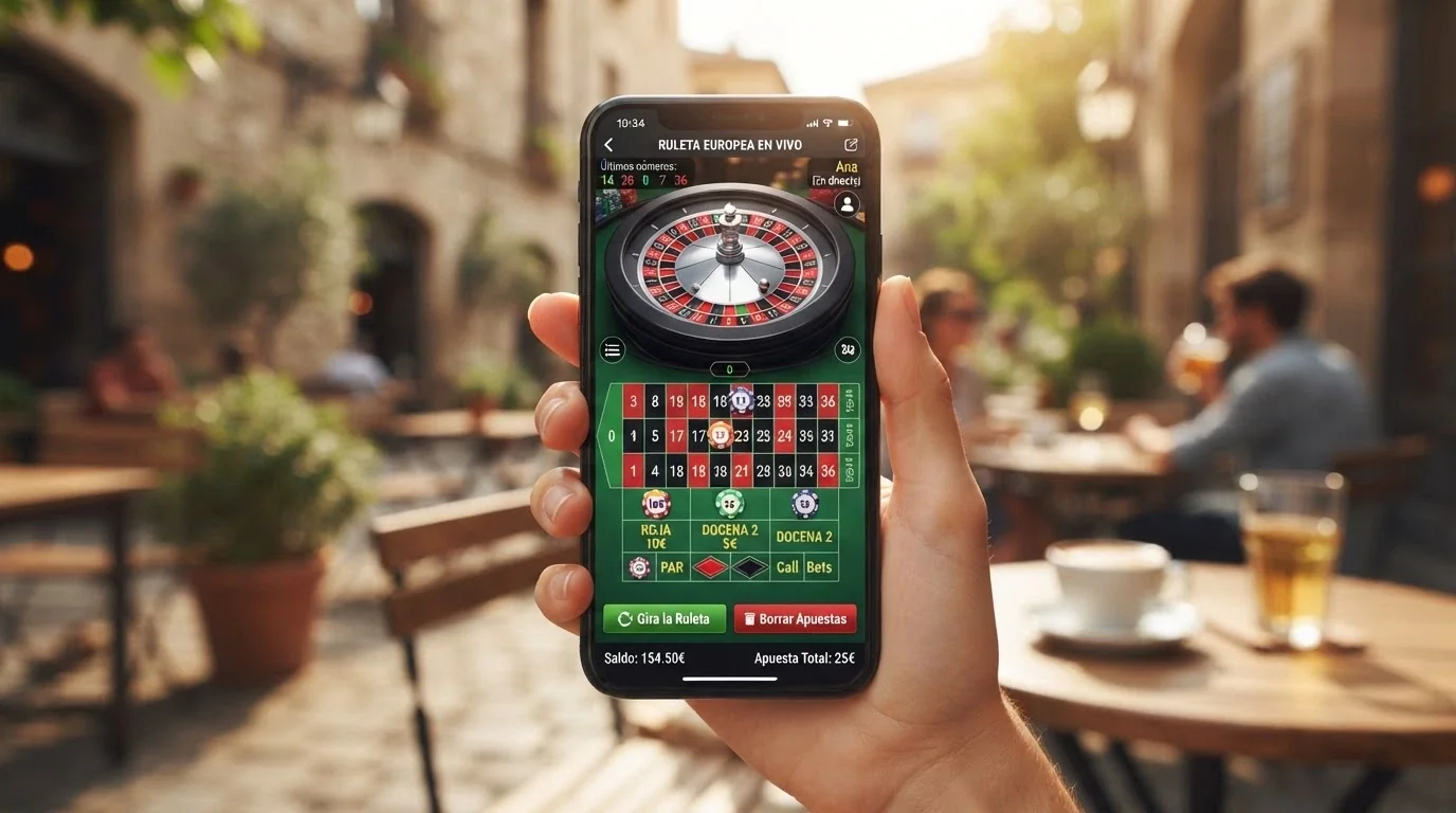 Mano sosteniendo un teléfono en vertical en una terraza, con una mesa de ruleta en vivo a plena pantalla y la interfaz de apuestas táctil visible