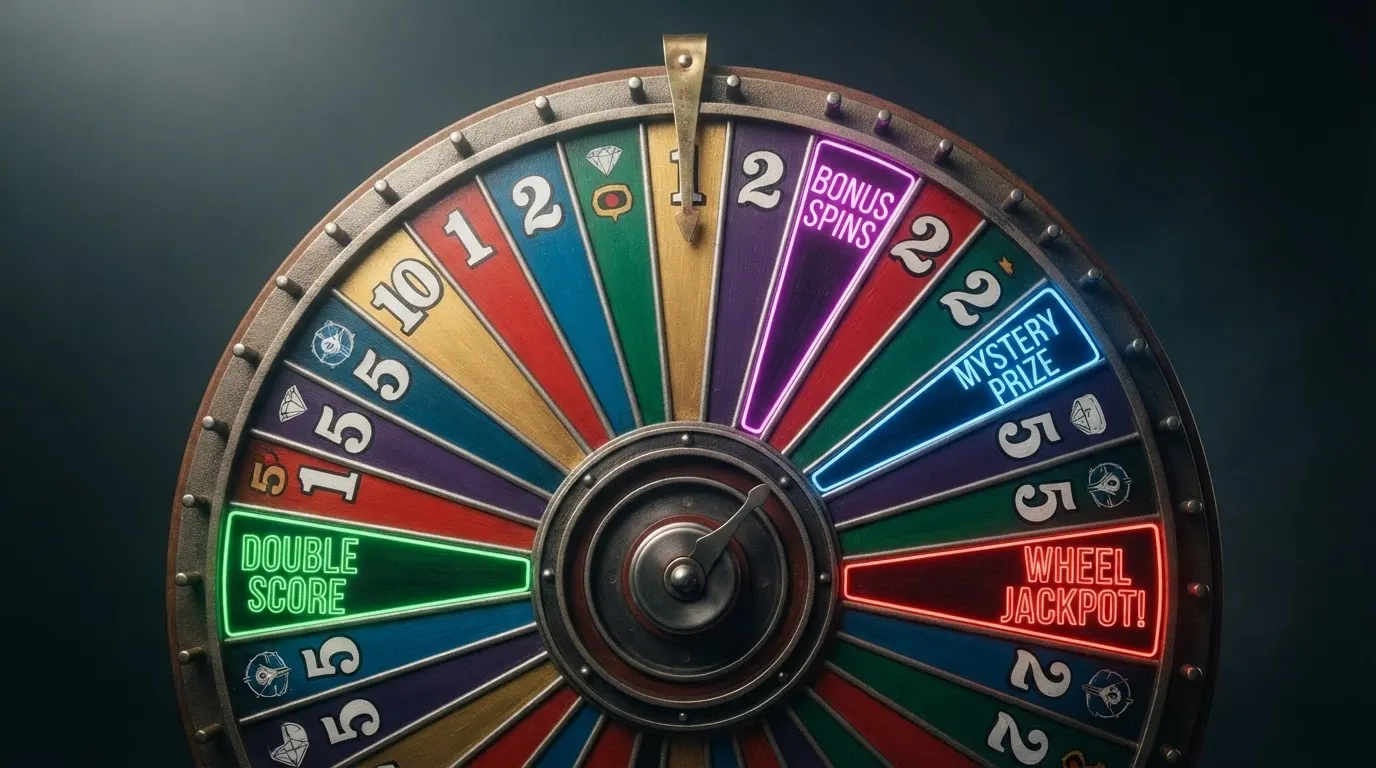 Primer plano de los 54 segmentos de la rueda de Crazy Time con los números 1, 2, 5 y 10 y las casillas de bonificación coloreadas