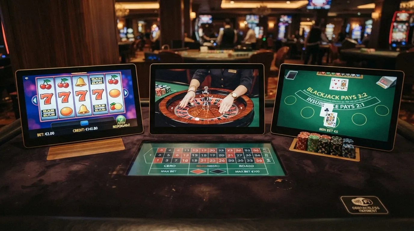 Un collage con tres pantallas: una slot con sus rodillos girando, una mesa de ruleta en vivo con crupier real y una interfaz de blackjack en vivo, con el icono de Apple Pay en la esquina.