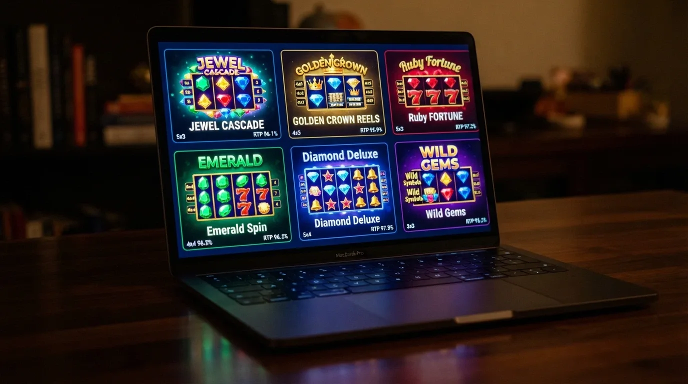 Cuadrícula de tragaperras en la interfaz de un casino online con títulos destacados disponibles para jugar con criptomonedas