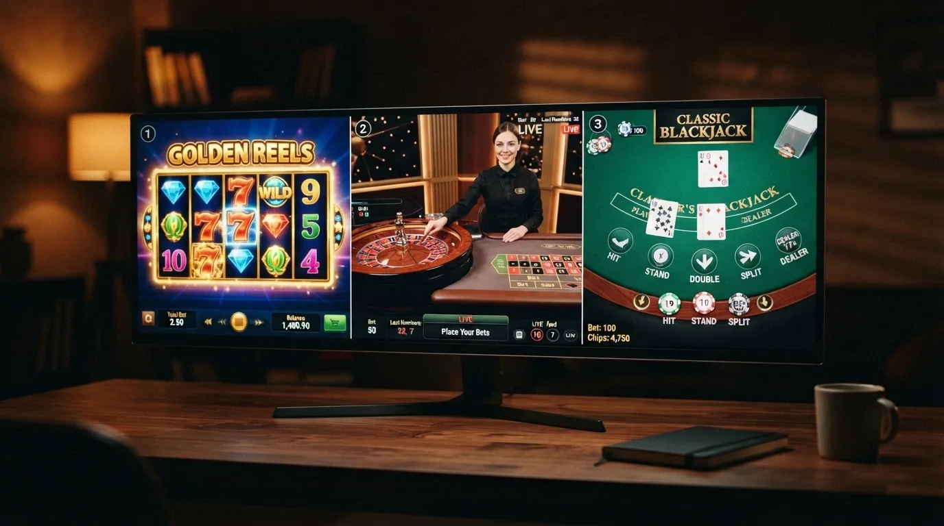 Pantalla dividida en tres: una tragamonedas con temática cripto, una mesa de ruleta en vivo con crupier real y una interfaz de blackjack