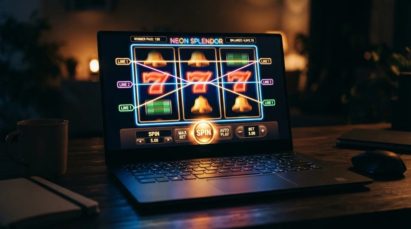 Pantalla de slot online con rodillos girando y la interfaz de un casino Bonus Crab de fondo