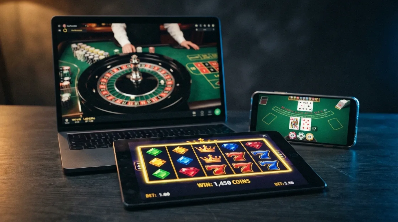 Composición de tres pantallas de casino online: una tragaperras colorida en primer plano, una ruleta en vivo a la izquierda y una mesa de blackjack a la derecha