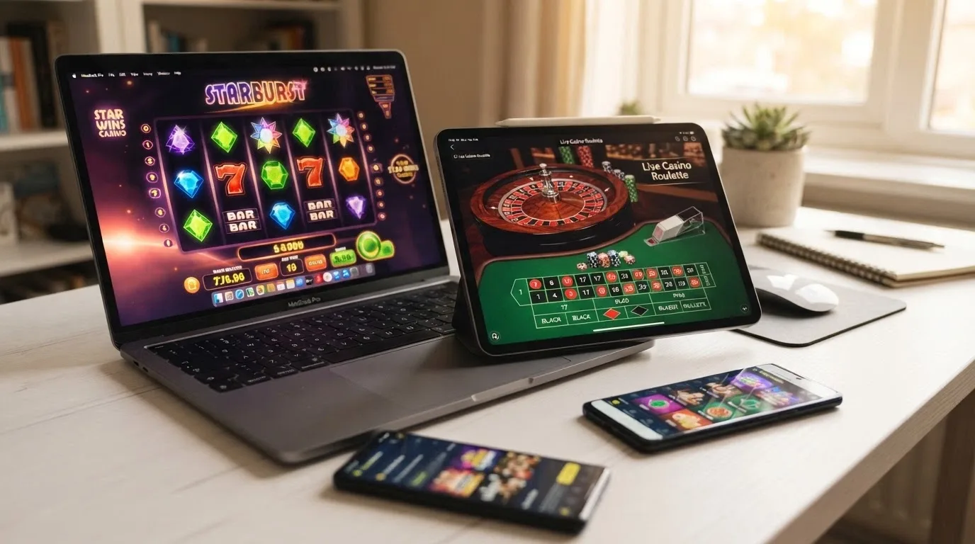 Composición con una tragaperras online en primer plano, una ruleta en vivo en una pantalla secundaria y un móvil con la app de casino abierta
