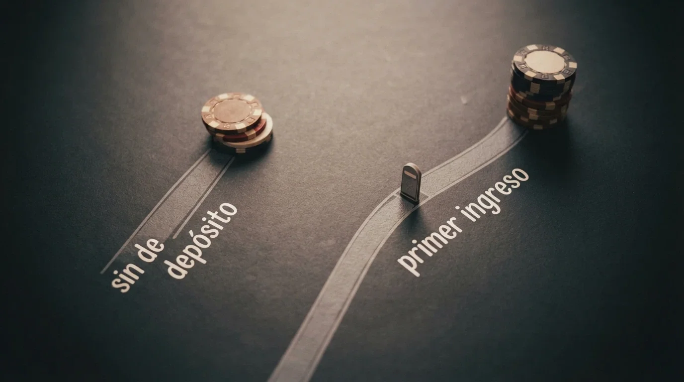 Dos caminos dibujados sobre un fondo de casino: uno corto y directo etiquetado como «sin depósito» y otro más largo con un hito de «primer ingreso»